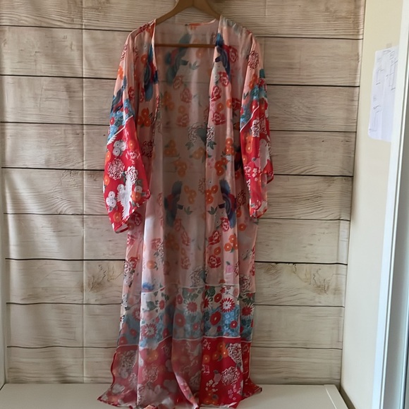 Junie Kimono Floral Bird Print Multicolor Sheer Long Coverup Large - Picture 3 of 5